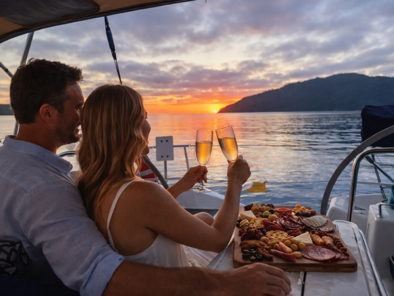 Couple toasting with champagne on a boat at sunset, with a charcuterie board nearby.
