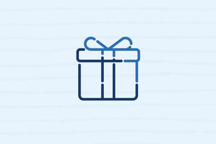 Outlined gift box with a ribbon on a light blue striped background.
